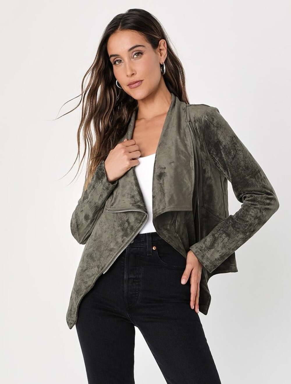 Lulus Wild at Heart Olive Green Vegan Suede Moto Jacket S NWT